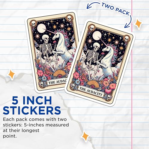 (2 Pack) The Audacity Unicorn Skeleton Stickers - Funny Dark Humor Stickers - Unique Gothic Art Stickers - 5" On Longest Side - Sticks to Smooth Flat Surfaces - Made in USA - BMCS4658