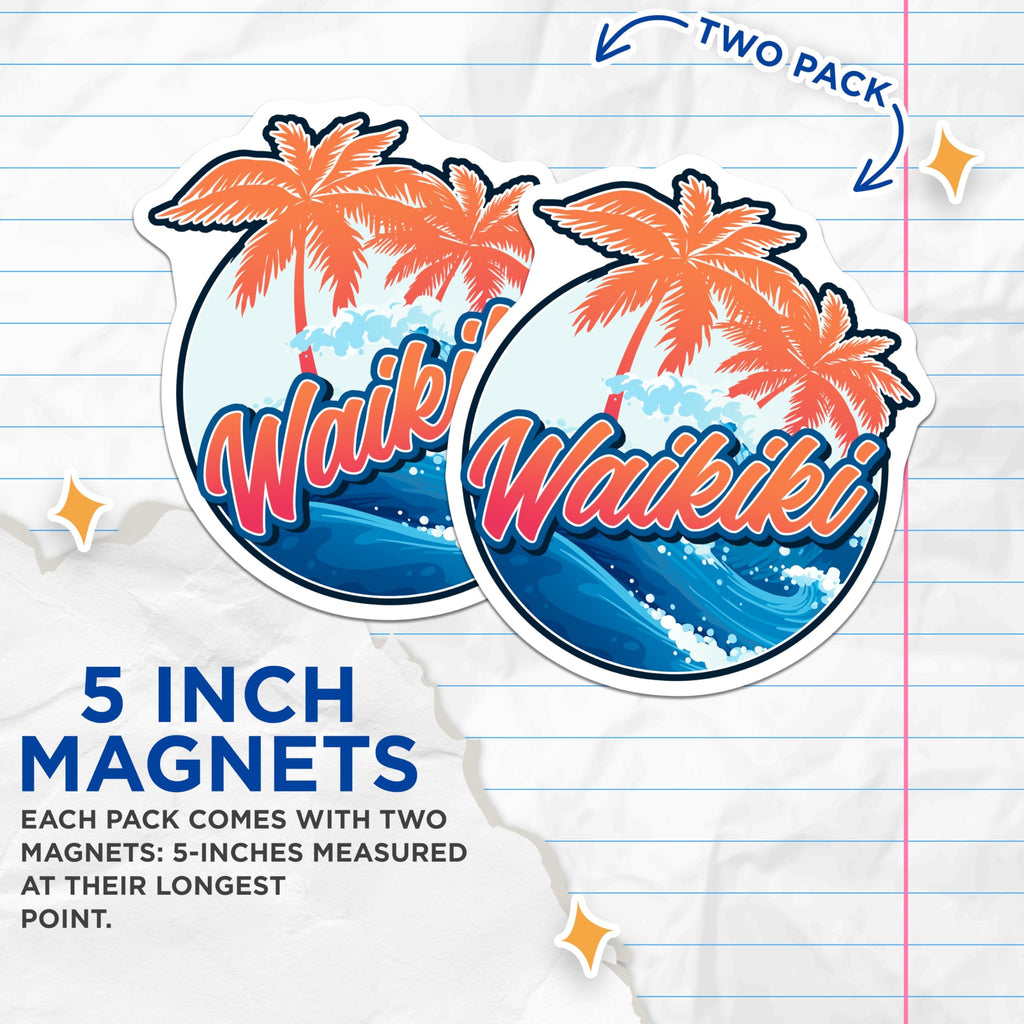 (2 Pack) Waikiki Hawaii Magnets - Palm Tree Beach Vacation Souvenir - Tropical Island Decor - 5" On Longest Side - Premium Magnet - for Cars, Refrigerators, Toolboxes, Lockers - Made in USA - MAG18272