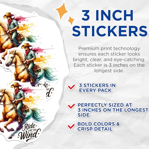 (3 Pack) Cowboy Decals - Horse Rider - Ride Like The Wind Decal- 3 Inches On Longest Side - Easy Peel & Apply - Made in USA - 3MCS5673