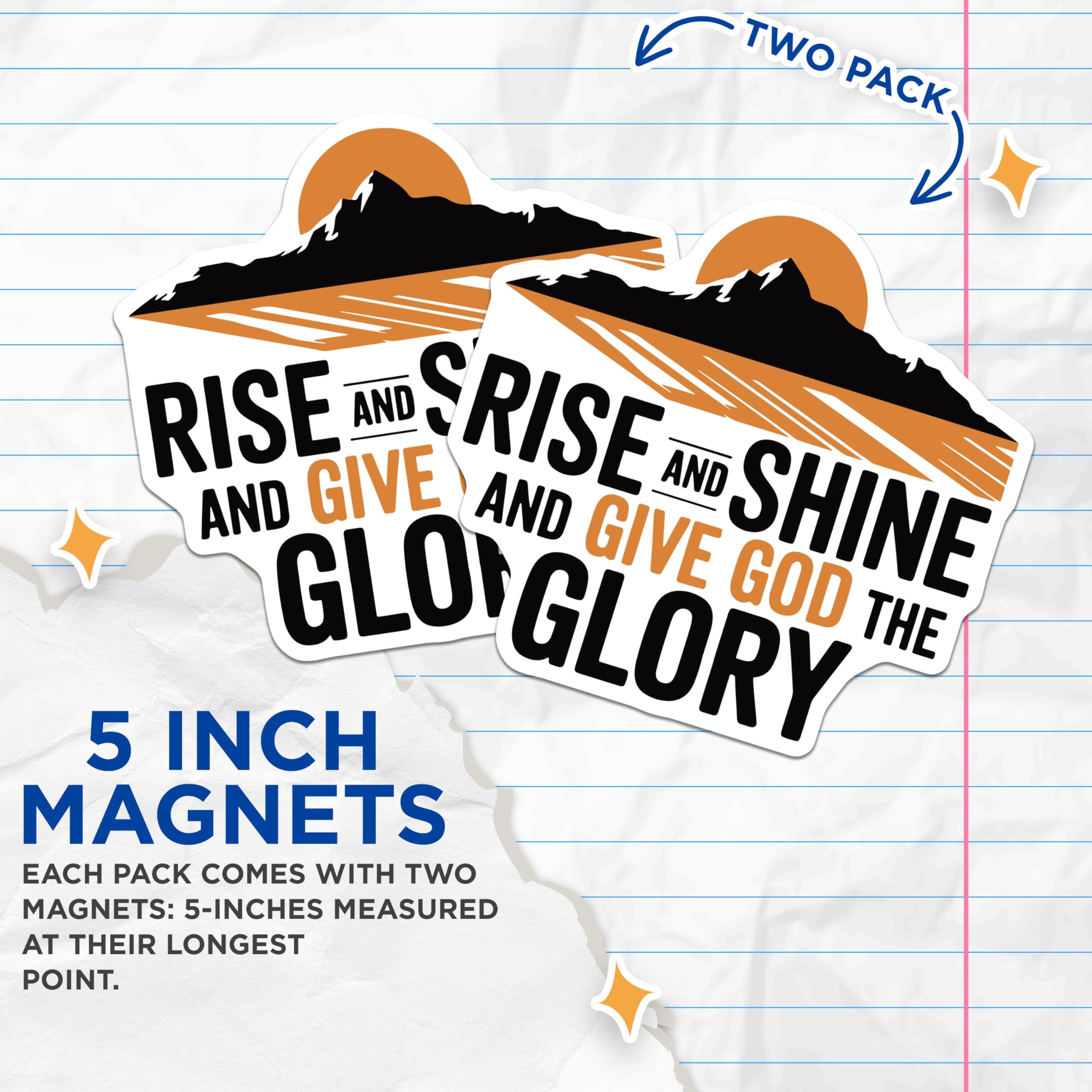 (2 Pack) Rise and Shine Magnets - Mountain and Sun - Christian Home Decor - 5" On Longest Side - Premium Magnet - for Cars, Refrigerators, Toolboxes, Lockers - Made in USA - MAG15609