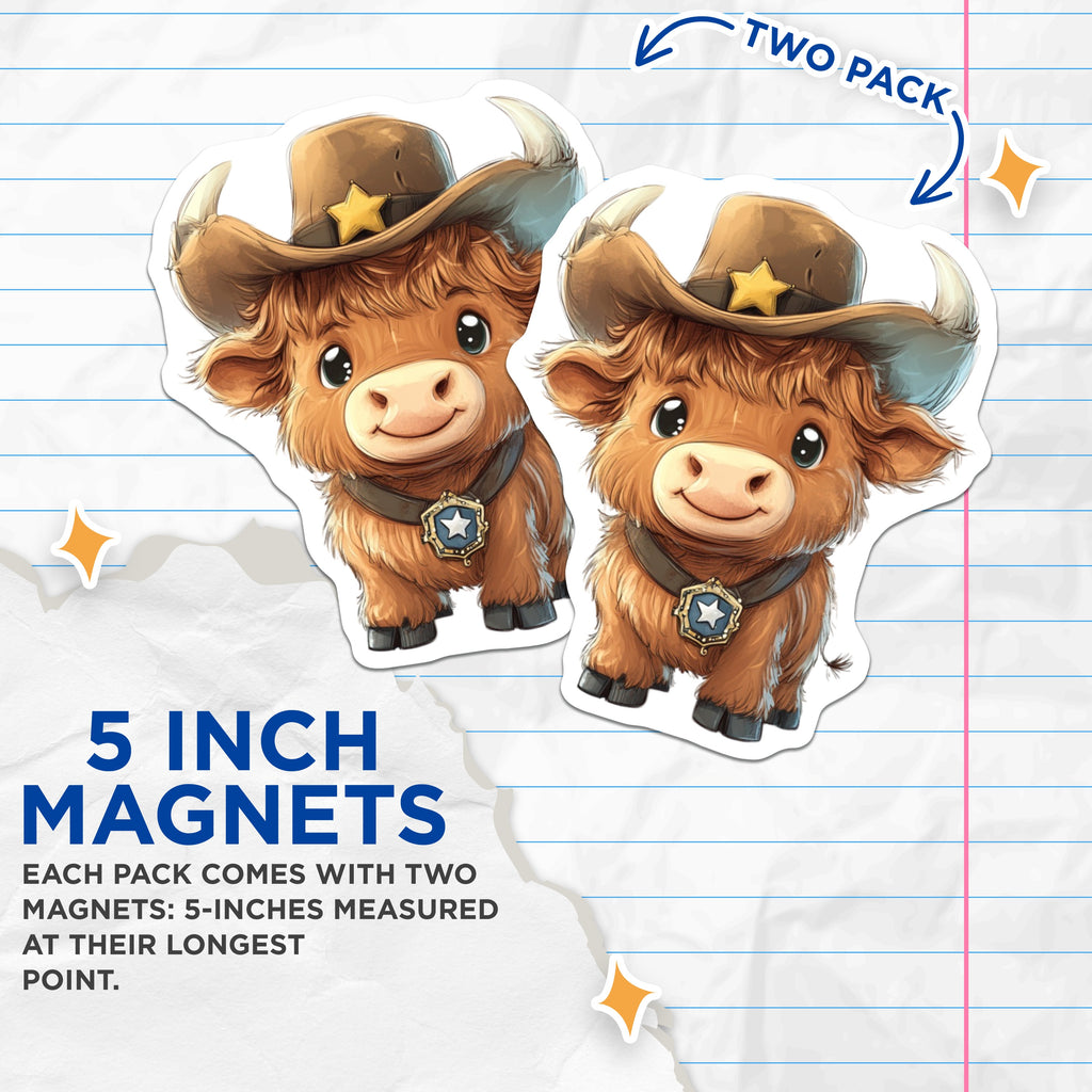 (2 Pack) Cute Highland Cow Magnets - Cowboy Sheriff Animal Decor - Farmhouse Refrigerator Locker Art - 5 Inches On Longest Side - Thick Durable Magnet - Made in USA - MAG39449