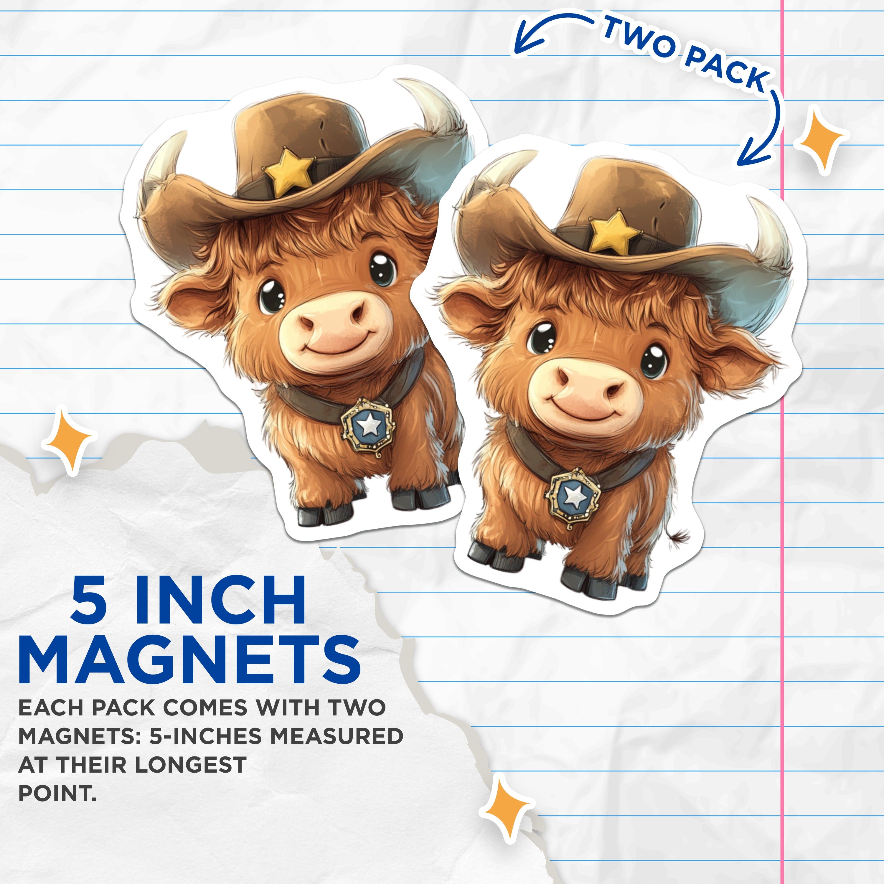 (2 Pack) Cute Highland Cow Magnets - Cowboy Sheriff Animal Decor - Farmhouse Refrigerator Locker Art - 5 Inches On Longest Side - Thick Durable Magnet - Made in USA - MAG39449