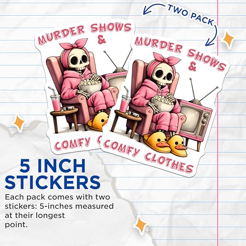 (2 Pack) Skull Watching TV Stickers - Cozy Skeleton Art - Funny Cute Sticker Decal - 5" On Longest Side - Sticks to Smooth Flat Surfaces - Made in USA - BMCS9768