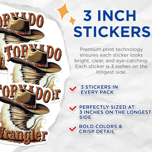 (3 Pack) Tornado Wrangler Decals - Cowboy Hat Tornado - Western Decals - 3 Inches On Longest Side - Easy Peel & Apply - Made in USA - 3MCS2375