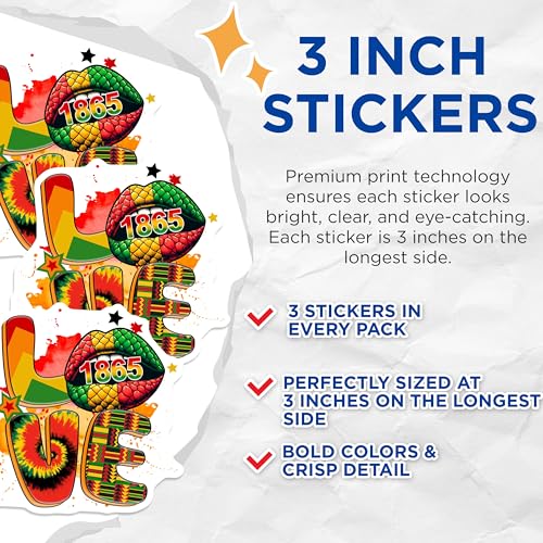 (3 Pack) Juneteenth Decals - Freedom Day Stickers - African American Pride - 3 Inches On Longest Side - Easy Peel & Apply - Made in USA - 3MCS6622