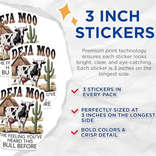 (3 Pack) Deja Moo Decals - Funny Cow Saying - Sarcastic Humor Sticker - 3 Inches On Longest Side - Easy Peel & Apply - Made in USA - 3MCS8347