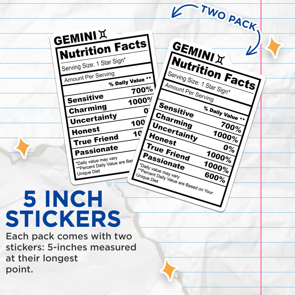 (2 Pack) Gemini Zodiac Stickers - Nutrition Facts Star Sign - Astrology Horoscope Sticker - 5" On Longest Side - Sticks to Smooth Flat Surfaces - Made in USA - BMCS15120