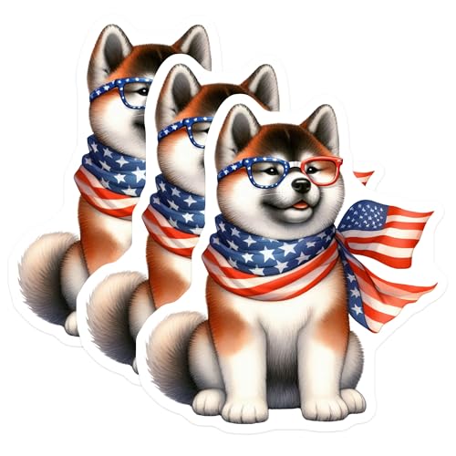 (3 Pack) Patriotic Akita Decals - American Flag Dog - Laptop Stickers- 3 Inches On Longest Side - Easy Peel & Apply - Made in USA - 3MCS5918