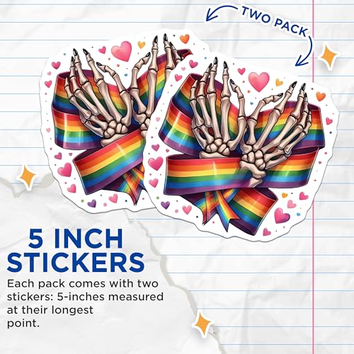 (2 Pack) Skeleton Hands Rainbow Stickers - Pride Stickers - Love Stickers - 5" On Longest Side - Sticks to Smooth Flat Surfaces - Made in USA - BMCS6712