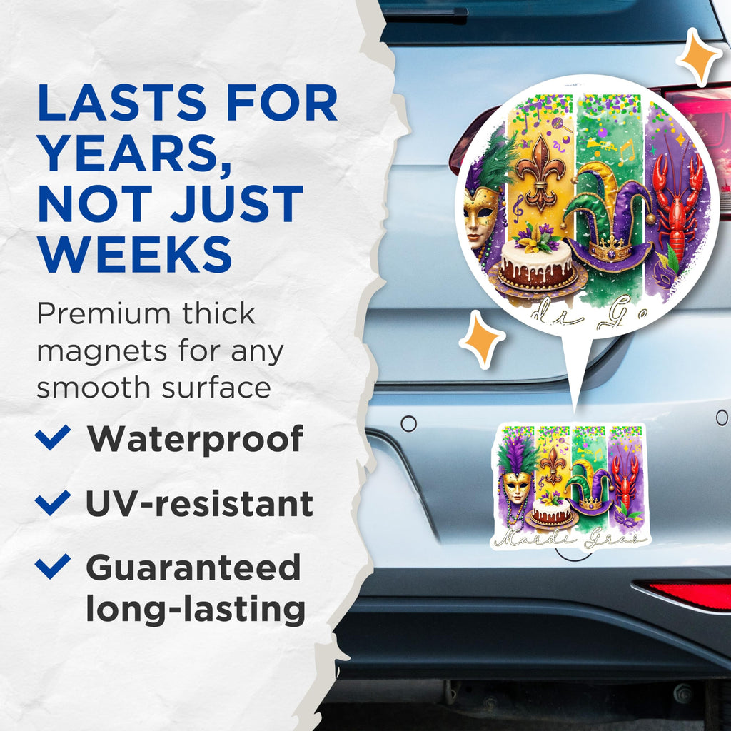 (2 Pack) Mardi Gras Magnets - New Orleans Celebration - Carnival Decorations - 5" On Longest Side - Premium Magnet - for Cars, Refrigerators, Toolboxes, Lockers - Made in USA - MAG14733
