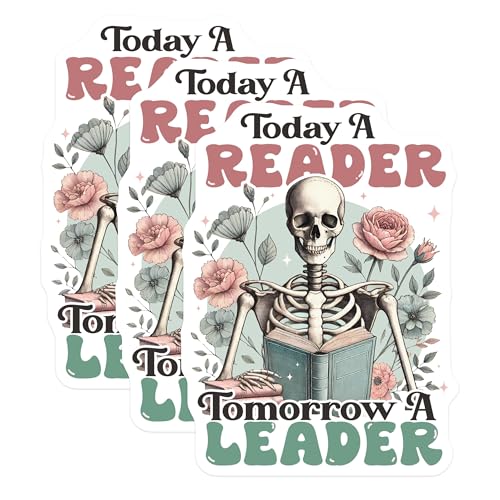 (3 Pack) Today A Reader Decals - Tomorrow A Leader - Skeleton Book Stickers- 3 Inches On Longest Side - Easy Peel & Apply - Made in USA - 3MCS5308