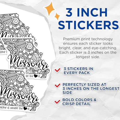 (3 Pack) Missouri State Decals - Home State Pride - Floral Laptop Decal - 3 Inches On Longest Side - Easy Peel & Apply - Made in USA - 3MCS7836