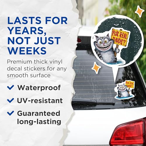 (2 Pack) Fur Real Dude Stickers - Funny Cat Quote - Animal Meme Decal - 5" On Longest Side - Sticks to Smooth Flat Surfaces - Made in USA - BMCS8775