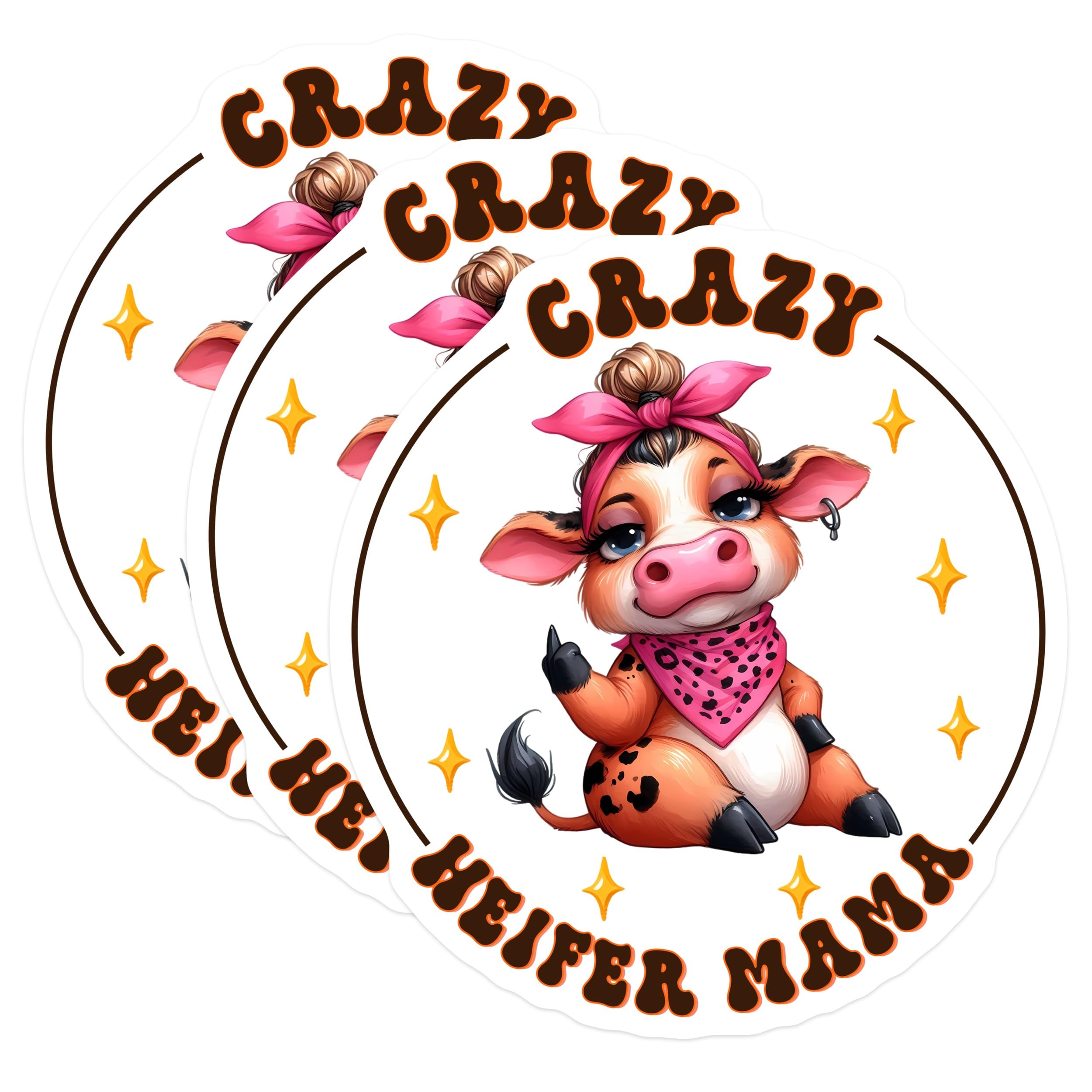 (3 Pack) Crazy Heifer Mama Decals - Cow Decals - Funny Cow Laptop Decal - 3 Inches On Longest Side - Easy Peel & Apply - Made in USA - 3MCS2548