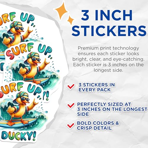 (3 Pack) Surf Up Ducky Decals - Cool Duck - Surfing Decals- 3 Inches On Longest Side - Easy Peel & Apply - Made in USA - 3MCS5119
