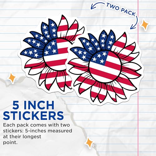 (2 Pack) American Flag Sunflower Stickers - Patriotic Flower - USA Floral Design - 5" On Longest Side - Sticks to Smooth Flat Surfaces - Made in USA - BMCS6317