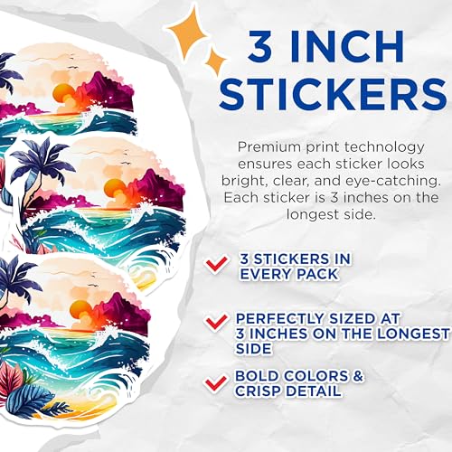 (3 Pack) Tropical Beach Decals - Sunset Palm Tree - Ocean Wave Art - 3 Inches On Longest Side - Easy Peel & Apply - Made in USA - 3MCS8033