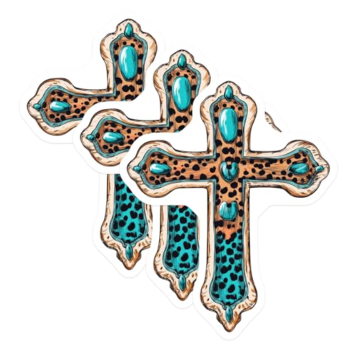 (3 Pack) Leopard Print Cross Decals - Turquoise Accent - Religious Inspired Sticker - 3 Inches On Longest Side - Easy Peel & Apply - Made in USA - 3MCS7503