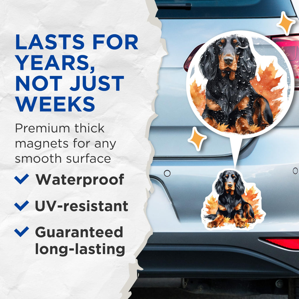 (2 Pack) Gordon Setter Dog Magnets - Autumn Leaves Pet Refrigerator Decor - Fall Animal Lover Kitchen Magnets - 5 Inches On Longest Side - Thick Durable Magnet - Made in USA - MAG25603