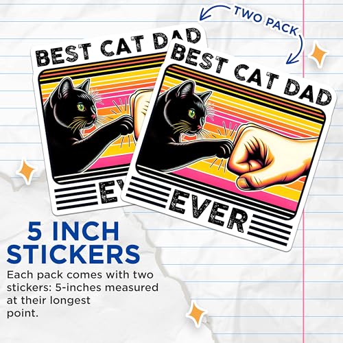 (2 Pack) Best Cat Dad Ever Stickers - Lover Gifts - Fun Dads - 5" On Longest Side - Sticks to Smooth Flat Surfaces - Made in USA - BMCS7470