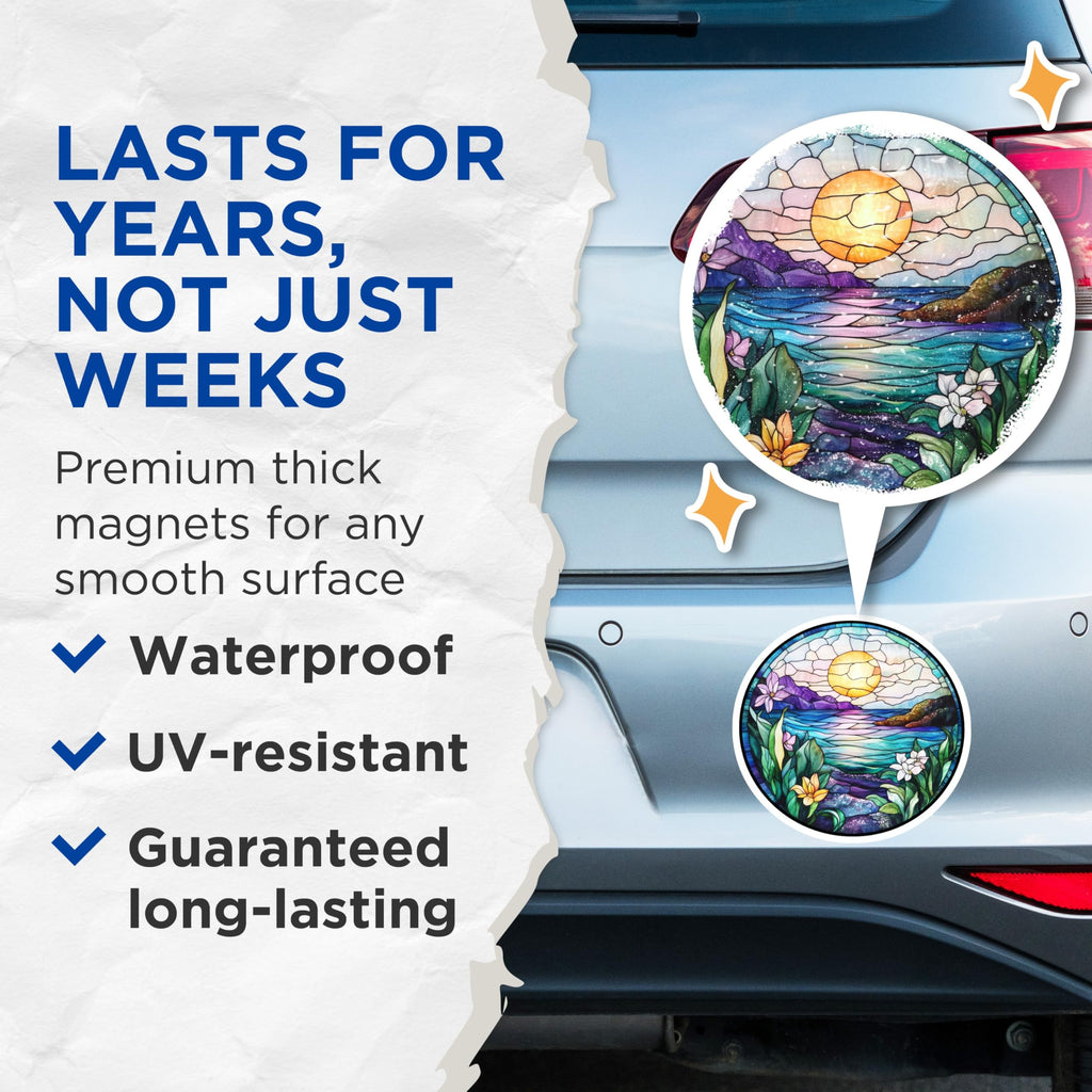 (2 Pack) Stained Glass Ocean Magnets - Vibrant Sunset Landscape - Artistic Tropical Refrigerator Accents - 5 Inches On Longest Side - Thick Durable Magnet - Made in USA - MAG24170