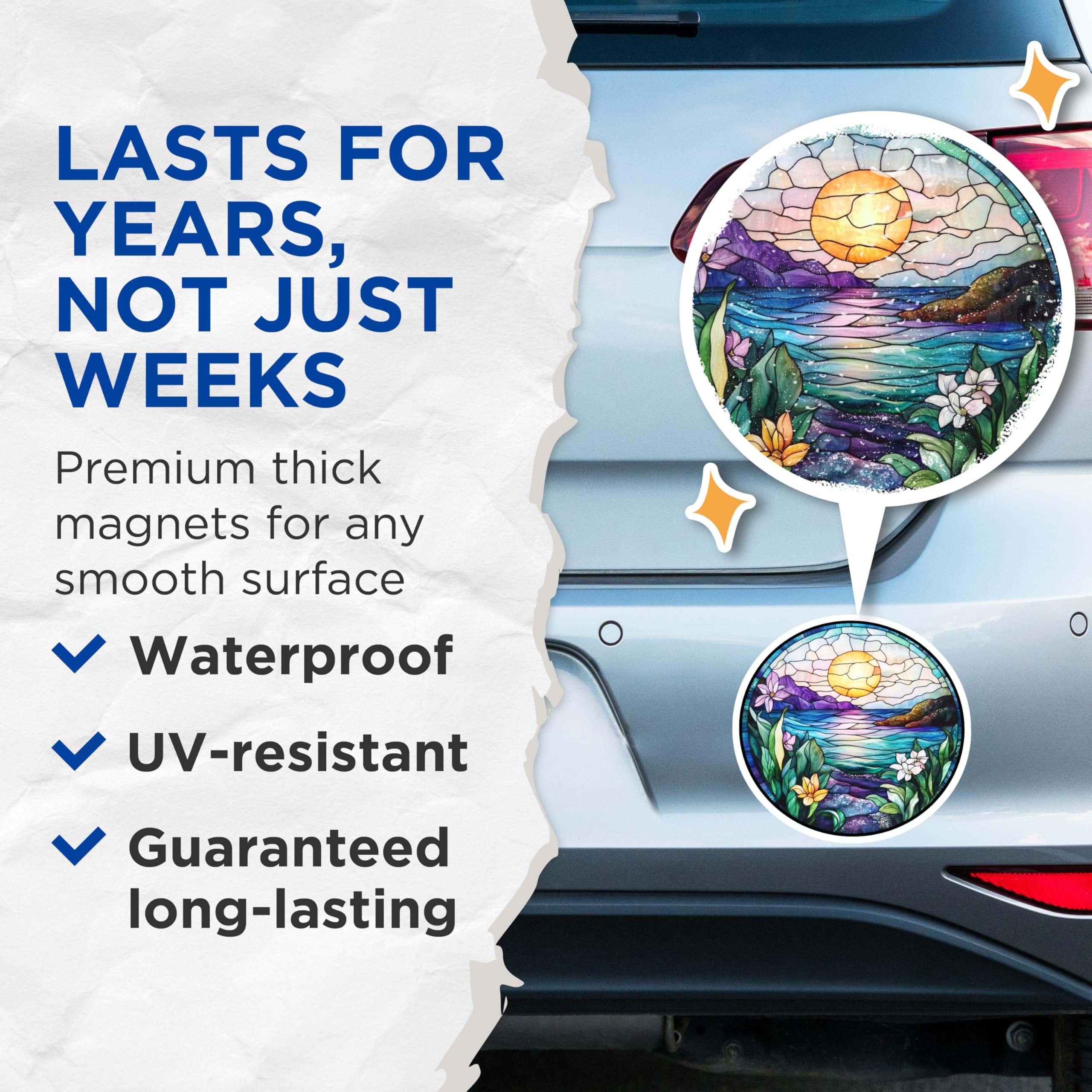 (2 Pack) Stained Glass Ocean Magnets - Vibrant Sunset Landscape - Artistic Tropical Refrigerator Accents - 5 Inches On Longest Side - Thick Durable Magnet - Made in USA - MAG24170