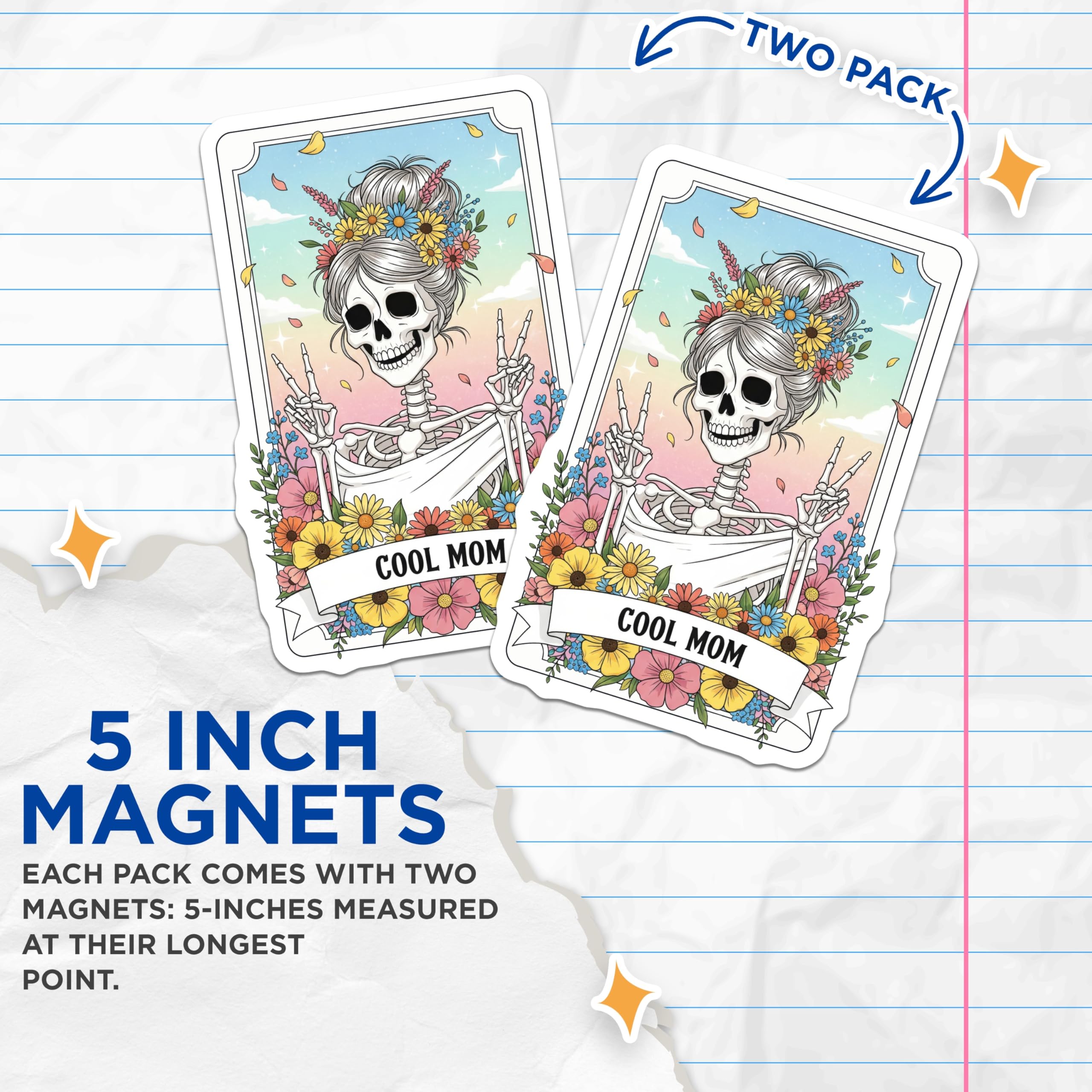 (2 Pack) Cool Mom Skeleton Magnets - Floral Skull Magnet - Quirky Fridge Magnets - 5" On Longest Side - Premium Magnet - for Cars, Refrigerators, Toolboxes, Lockers - Made in USA - MAG15280