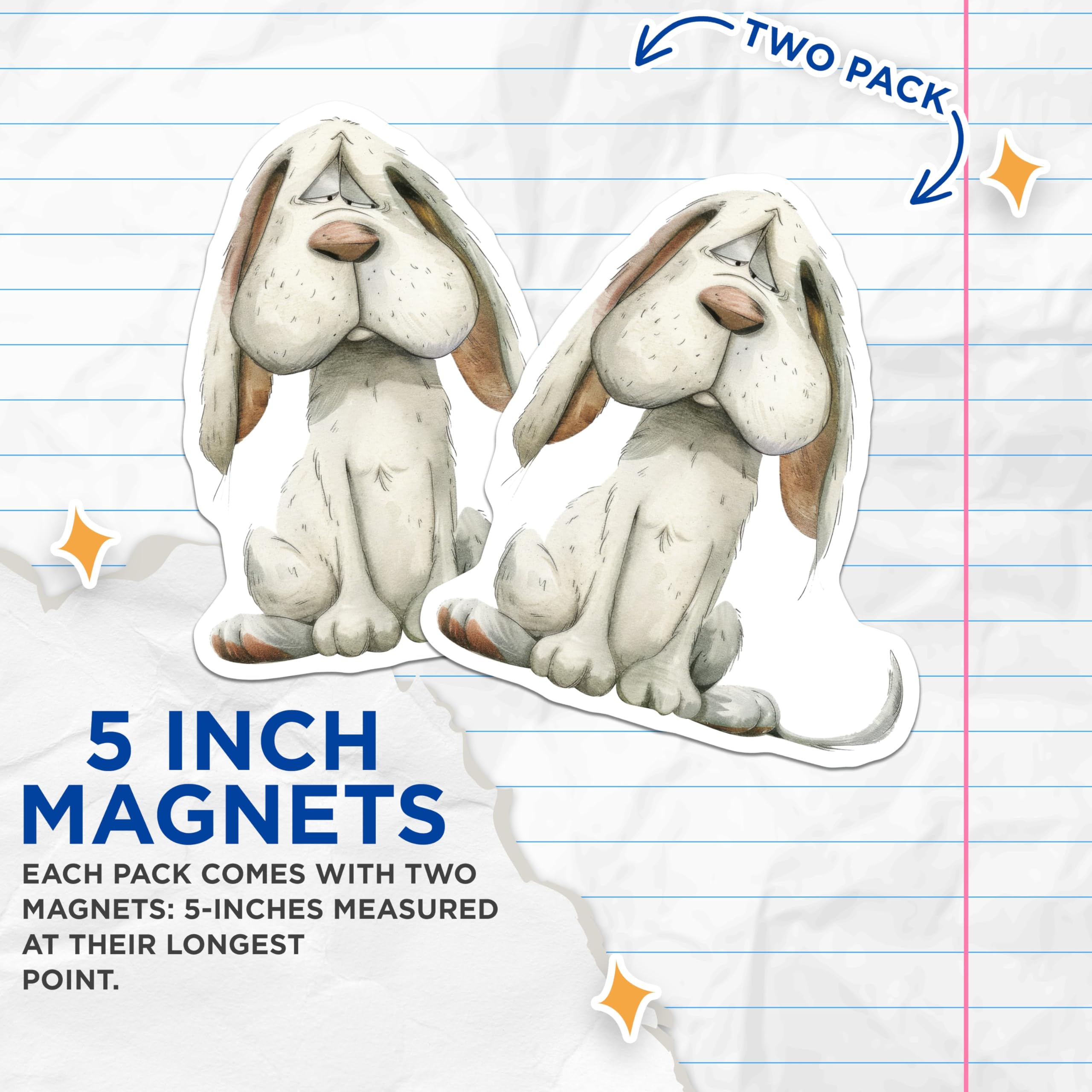 (2 Pack) Sad Dog Magnets - Melancholy Cartoon Hound Illustration - Refrigerator Locker Decor - 5 Inches On Longest Side - Thick Durable Magnet - Made in USA - MAG23685