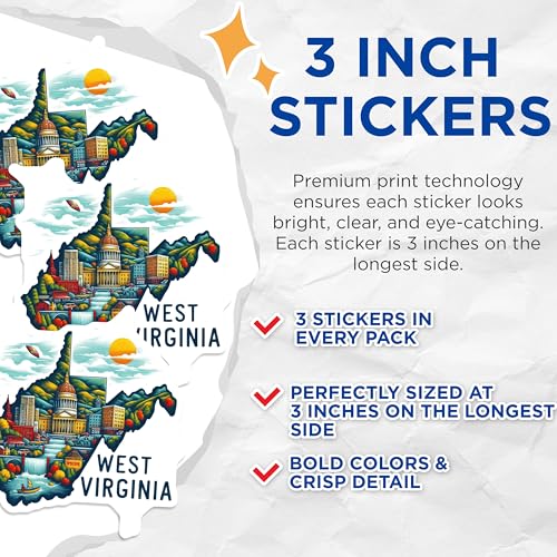 (3 Pack) West Virginia Decals - WV State Pride - Laptop Decals - 3 Inches On Longest Side - Easy Peel & Apply - Made in USA - 3MCS4327