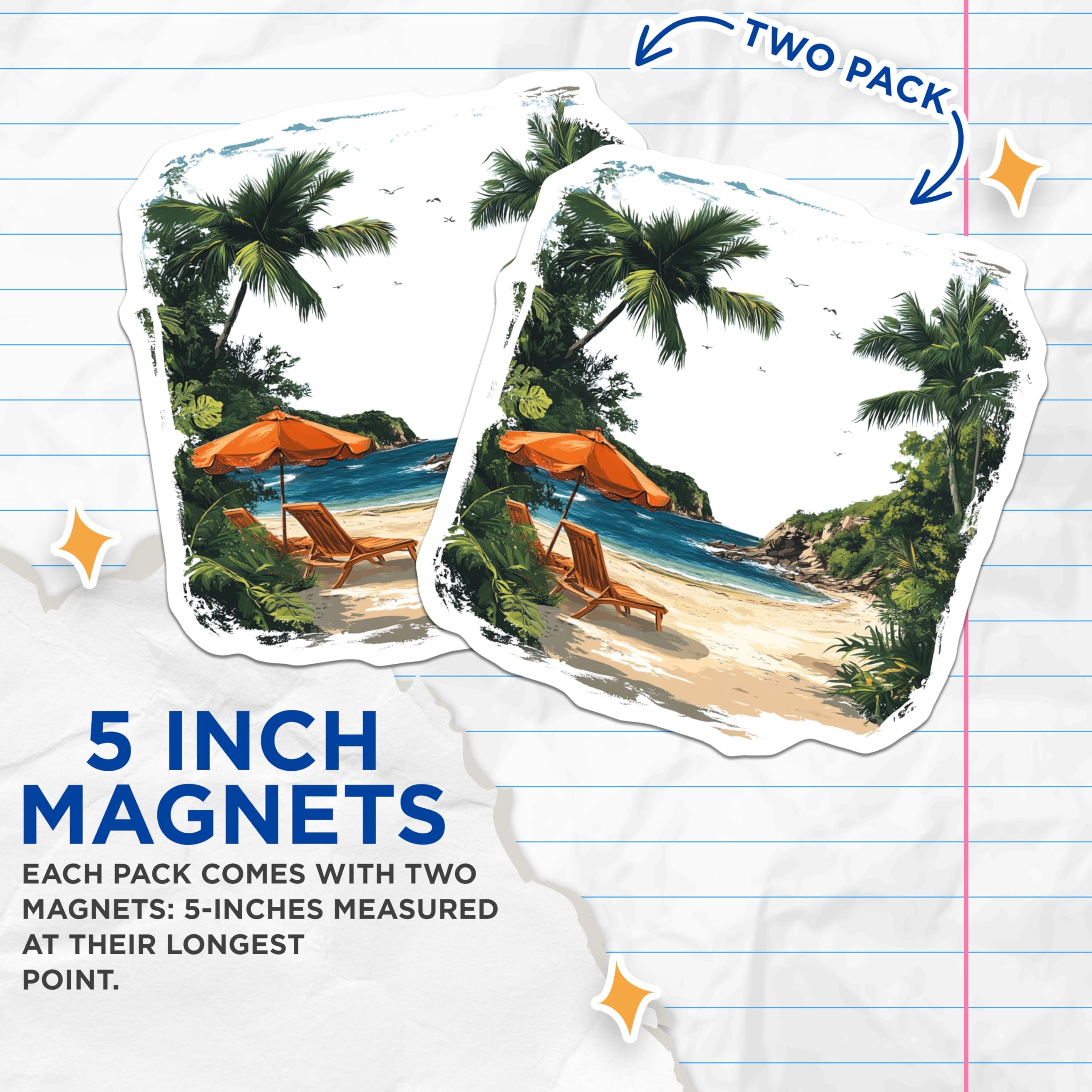 (2 Pack) Tropical Beach Scene Magnets - Vacation Vibes Decor - Island Getaway Art - 5 Inches On Longest Side - Thick Durable Magnet - Made in USA - MAG26564