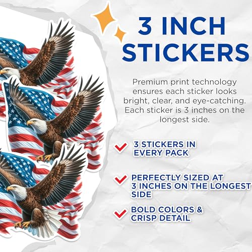 (3 Pack) American Eagle Decals - Patriotic Bald Eagle - USA Flag Decals - 3 Inches On Longest Side - Easy Peel & Apply - Made in USA - 3MCS0254