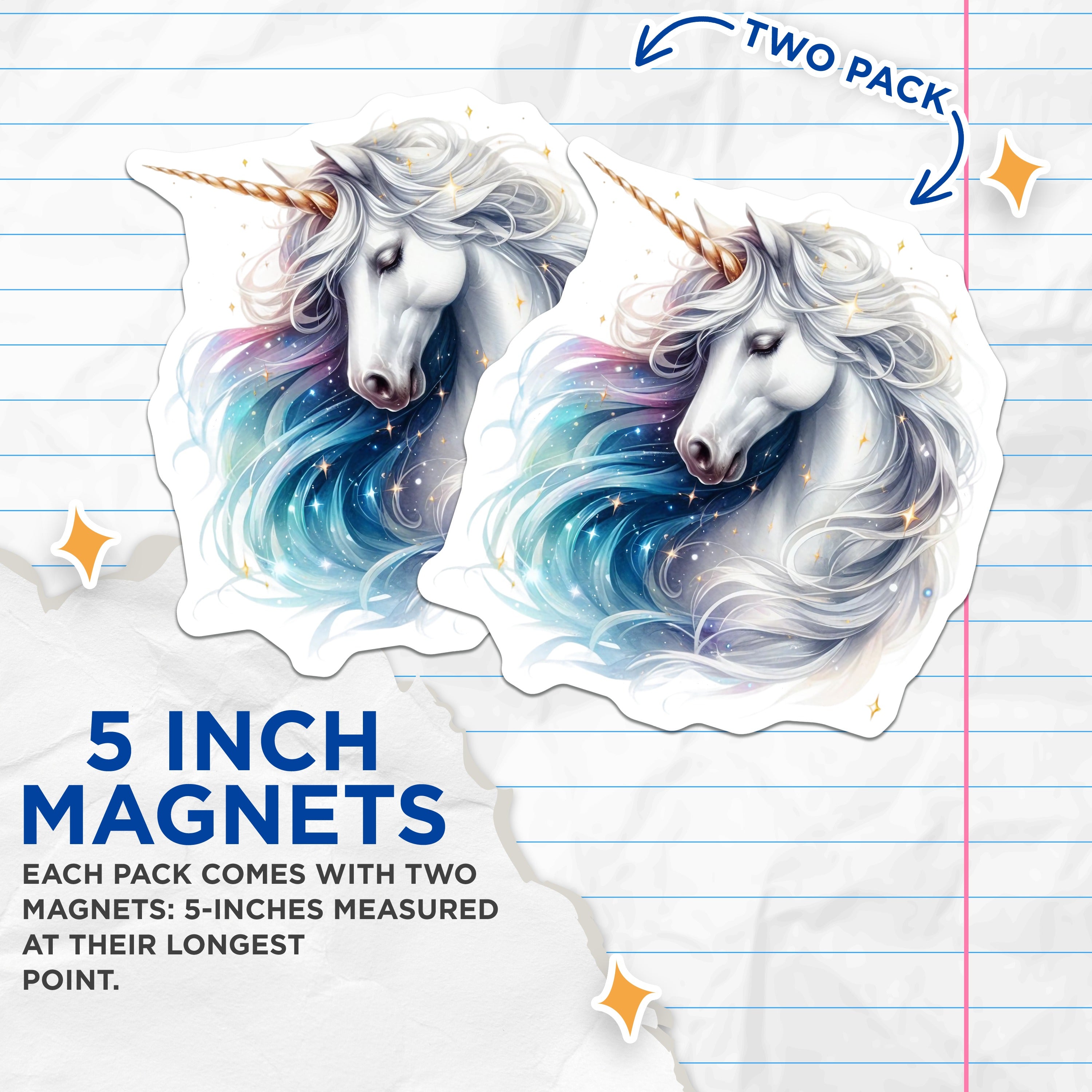 (2 Pack) Magical Unicorn Magnets - Fantasy Fridge Decor - Dreamy Celestial Artwork - Rainbow Mane Locker Accent - White Horse Horn - 5" - Thick Durable Magnet - Made in USA - MAG39200