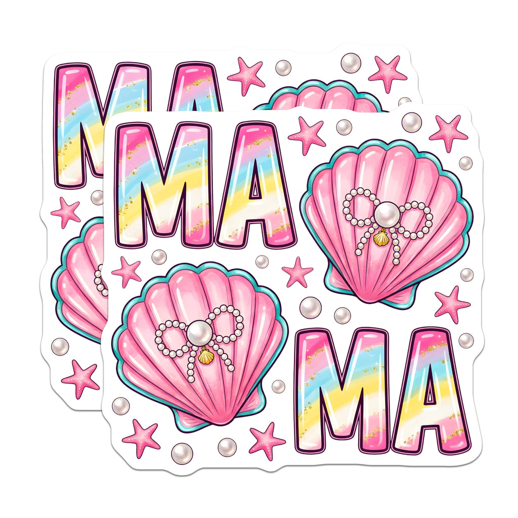 (2 Pack) Mama Mermaid Magnets - Pink Seashell Decor - Pastel Glitter Ocean Vibe - 5 Inches On Longest Side - Thick Durable Magnet - Made in USA - MAG24792