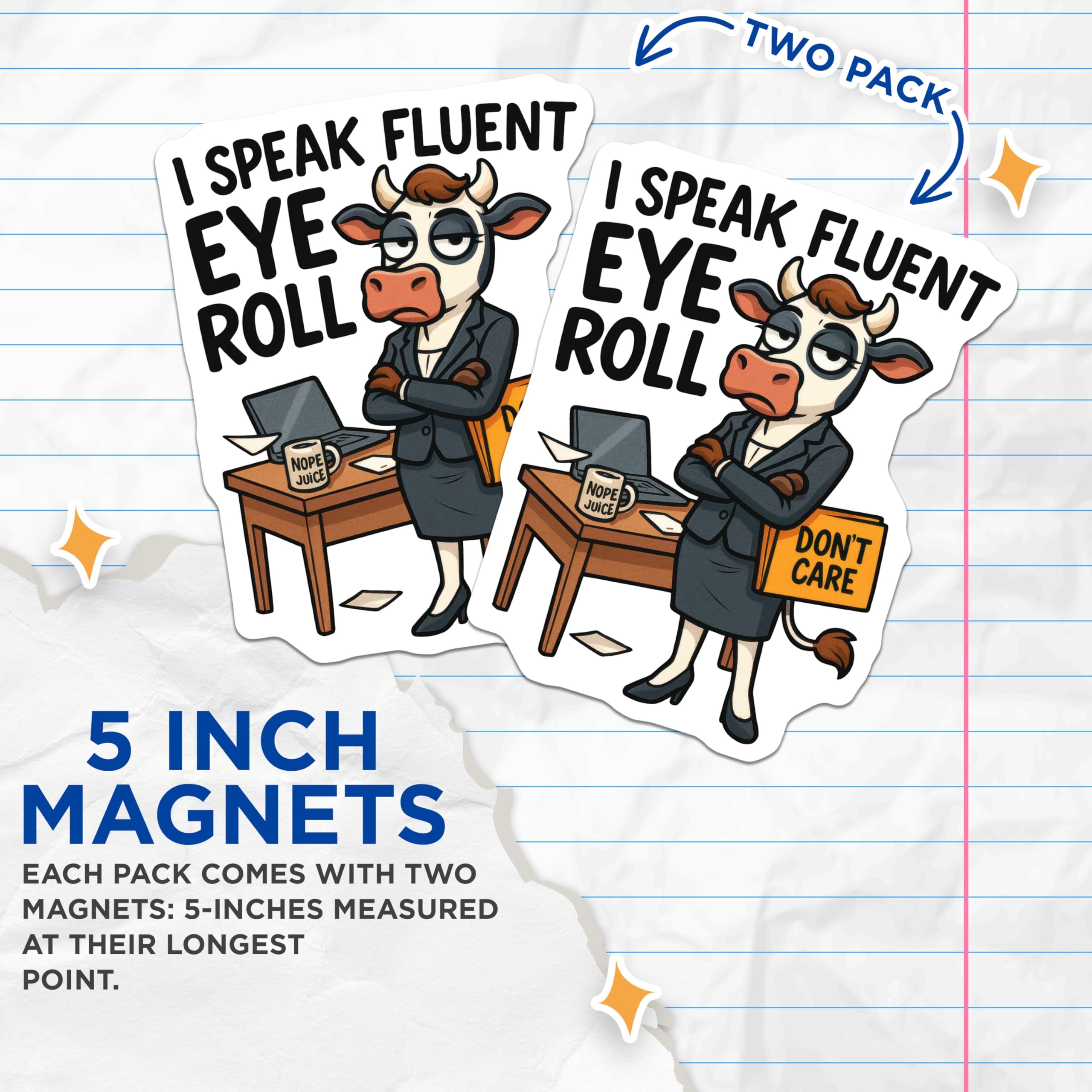 (2 Pack) Eye Roll Magnets - Sarcastic Cow Refrigerator Art - Office Humor Fridge Accessory - 5 Inches On Longest Side - Thick Durable Magnet - Made in USA - MAG20764
