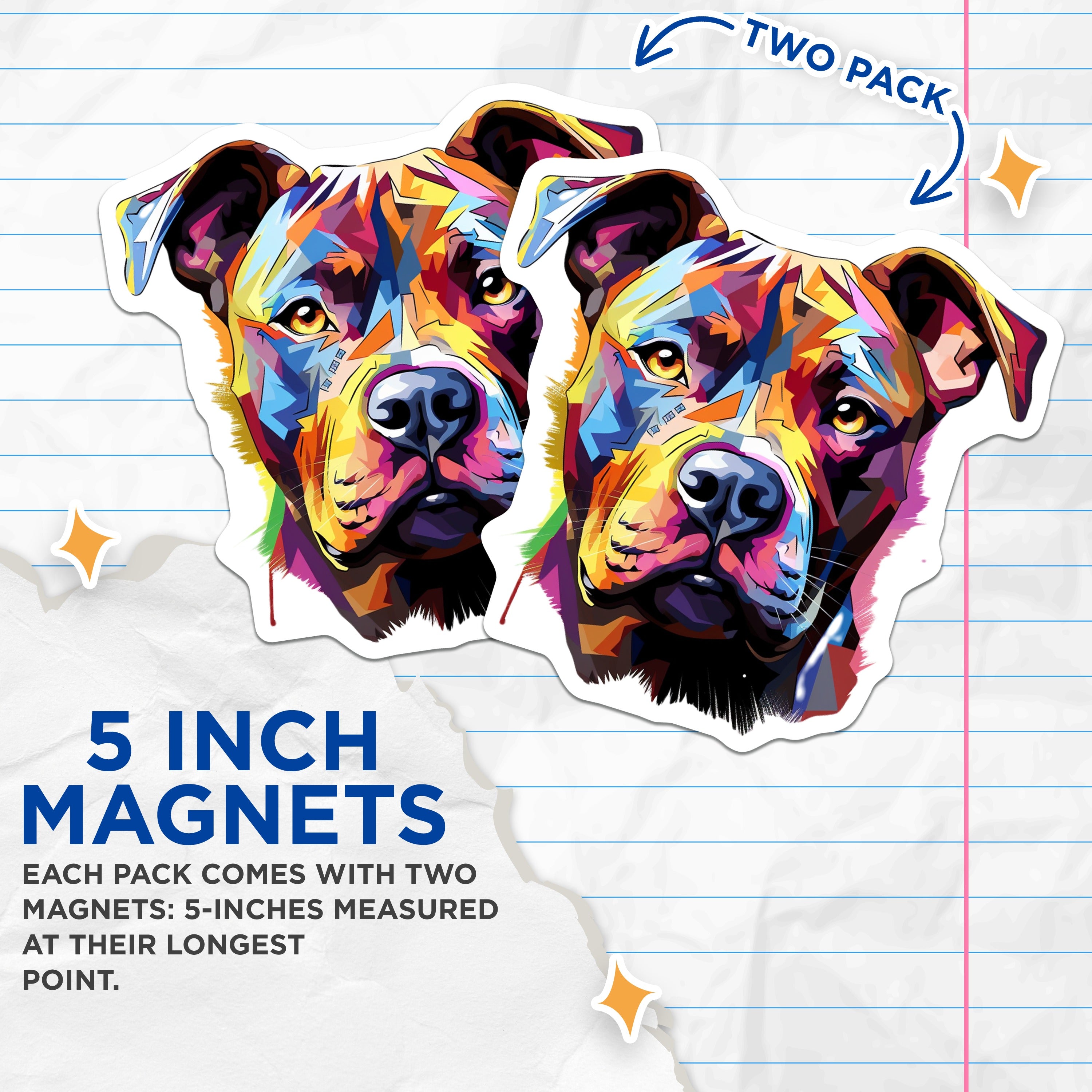 (2 Pack) Colorful Pitbull Magnets - Abstract Dog Art Decor - Pet Lover Fridge Display - 5 Inches On Longest Side - Thick Durable Magnet - Made in USA - MAG37780