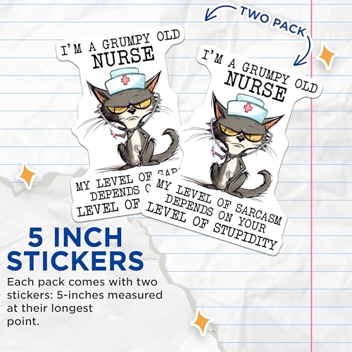 (2 Pack) Grumpy Nurse Stickers - Funny Cat Nurse - Sarcastic Nurse Humor Decal - 5" On Longest Side - Sticks to Smooth Flat Surfaces - Made in USA - BMCS7725