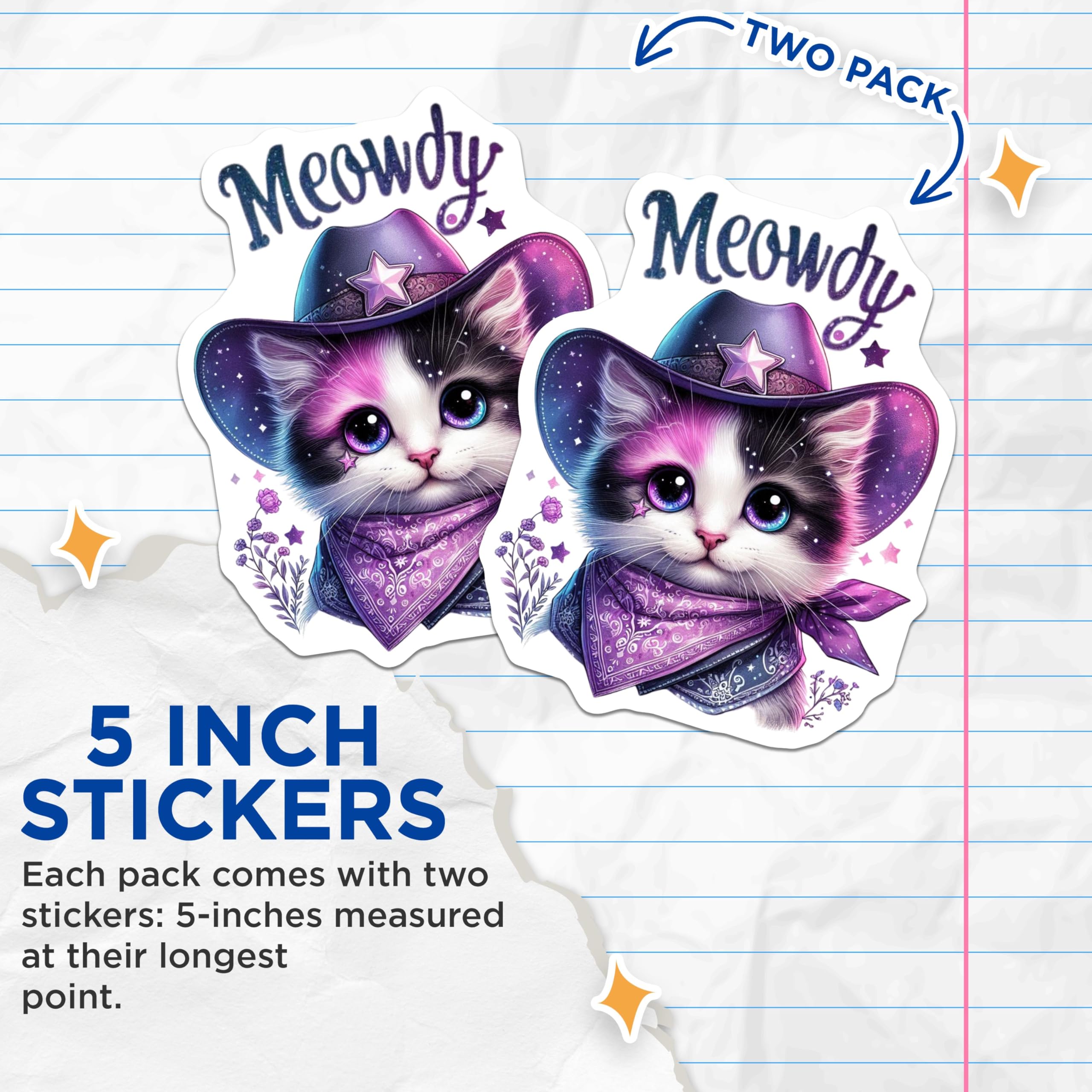 (2 Pack) Meowdy Cat Stickers - Cute Cat Stickers - Animal Lover Decals for Kids and Adults - 5" On Longest Side - Sticks to Smooth Flat Surfaces - Made in USA - BMCS4589