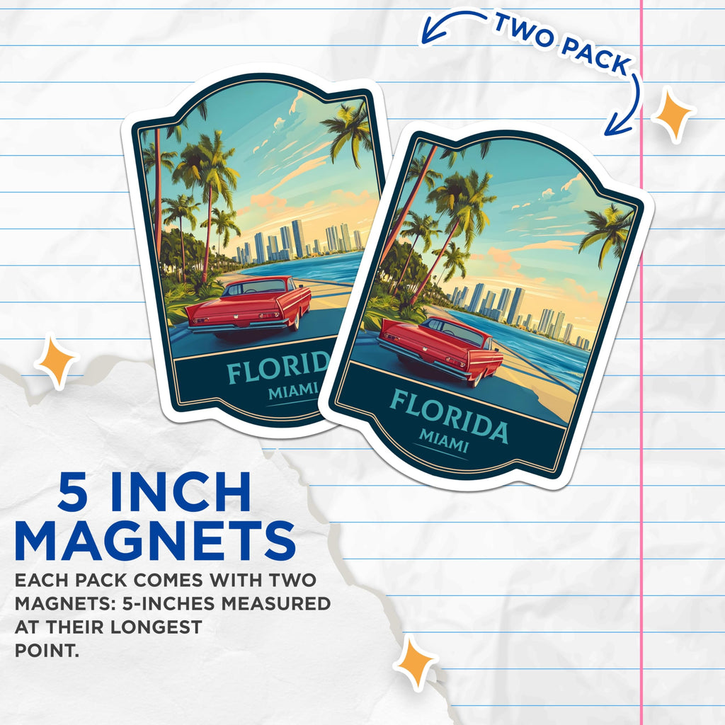 (2 Pack) Miami Florida Magnets - Retro Tropical Art Scene - Vintage Car Coastal View - Skyline Beach Travel Memento - 5 Inches On Longest Side - Thick Durable Magnet - Made in USA - MAG22249