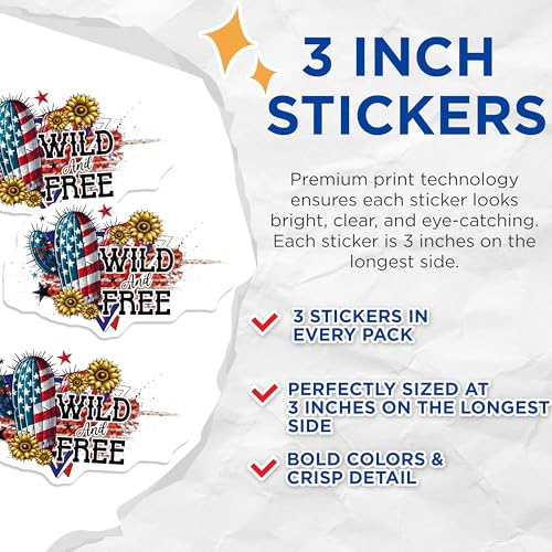 (3 Pack) Wild and Free Decals - American Cactus Decal - Patriotic Sunflower Decals - 3 Inches On Longest Side - Easy Peel & Apply - Made in USA - 3MCS6648