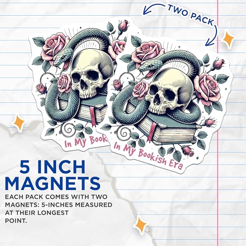 (2 Pack) Bookish Skull and Roses Magnets - Snake on Book - Vintage Gothic Magnet Set - 5" On Longest Side - for Cars, Fridges, Toolboxes - Made in USA - MAG6705