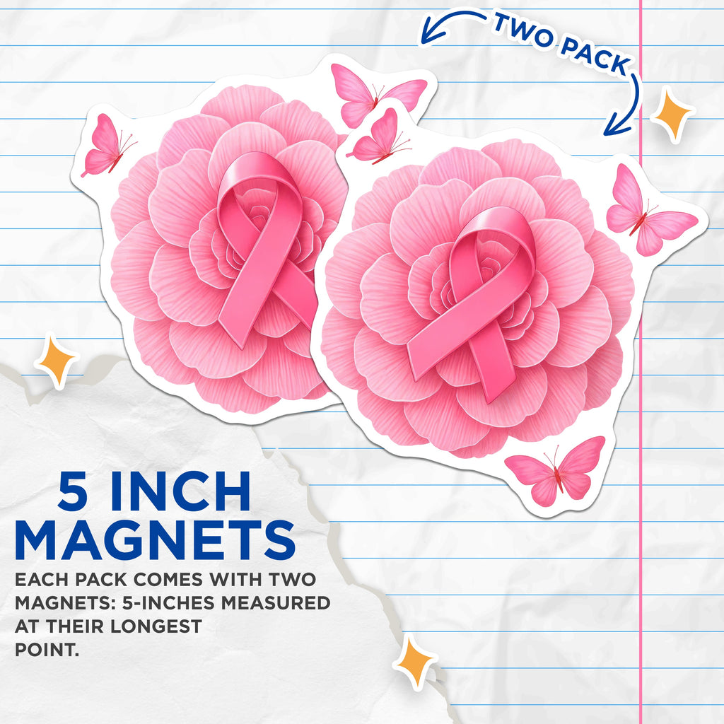 (2 Pack) Breast Cancer Awareness Magnets - Pink Ribbon Floral Support - Survivor Fighter Advocacy Decor - 5 Inches On Longest Side - Thick Durable Magnet - Made in USA - MAG39411