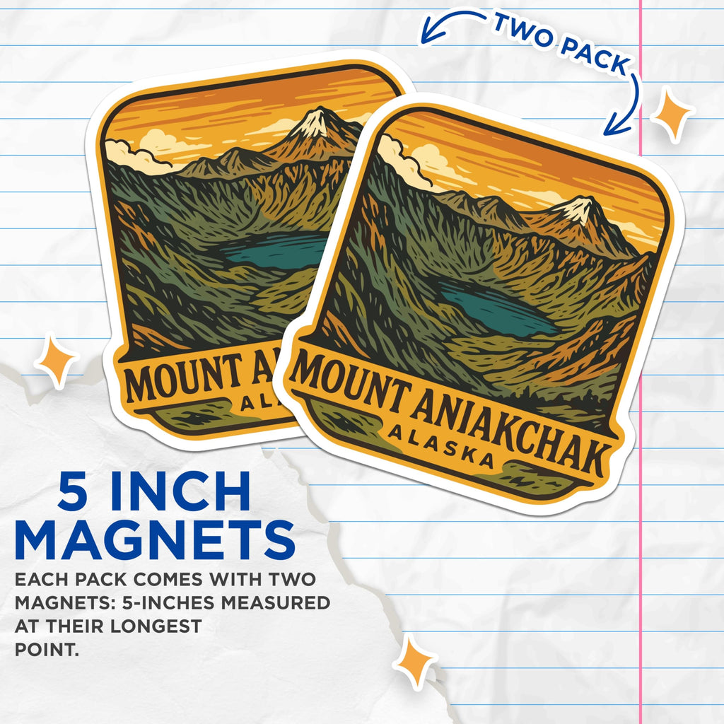 (2 Pack) Mount Aniakchak Alaska Magnets - National Monument Travel - Vintage Style Art - 5 Inches On Longest Side - Thick Durable Magnet - Made in USA - MAG19779
