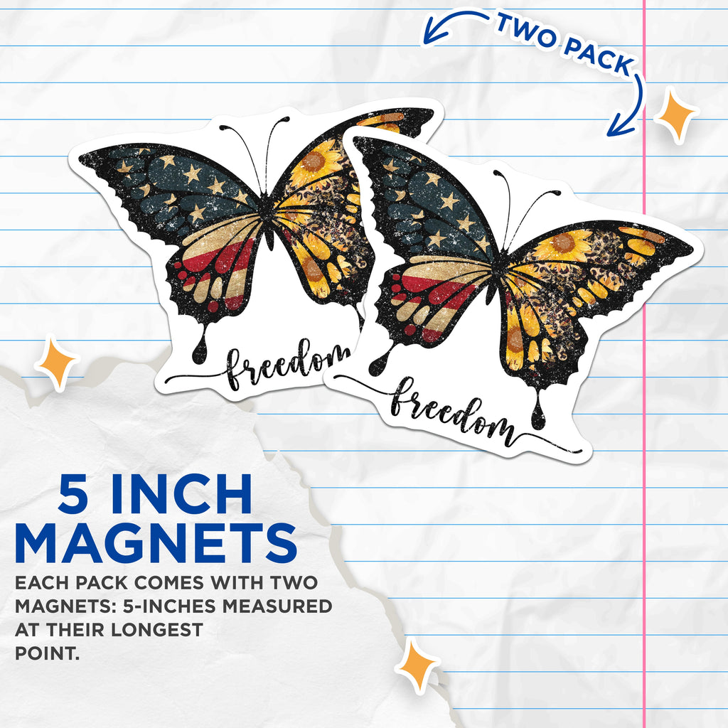 (2 Pack) Patriotic Butterfly Magnets - American Flag Decor - Freedom Sunflower Leopard Print - 5 Inches On Longest Side - Thick Durable Magnet - Made in USA - MAG37513