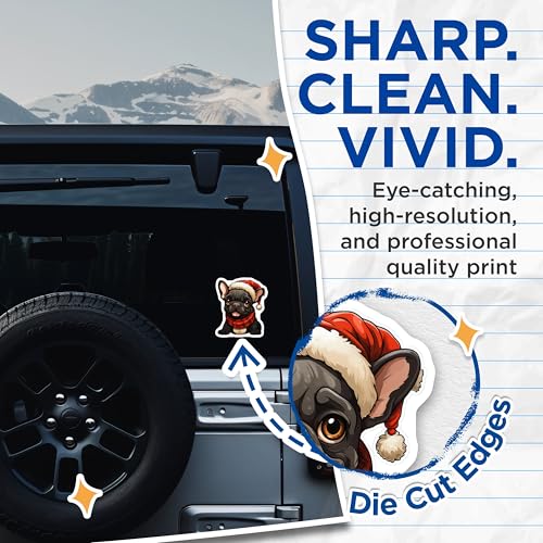 (2 Pack) French Bulldog Christmas Stickers - Cute Dog Stickers - Holiday Pet Stickers - Festive Animal Stickers - 5" On Longest Side - Sticks to Smooth Flat Surfaces - Made in USA - BMCS3935