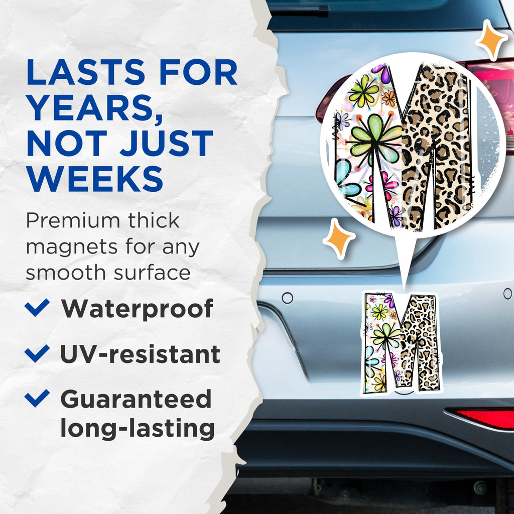(2 Pack) Letter M Magnets - Floral Leopard Print - Initial M Decor - 5" On Longest Side - Premium Magnet - for Cars, Refrigerators, Toolboxes, Lockers - Made in USA - MAG15034