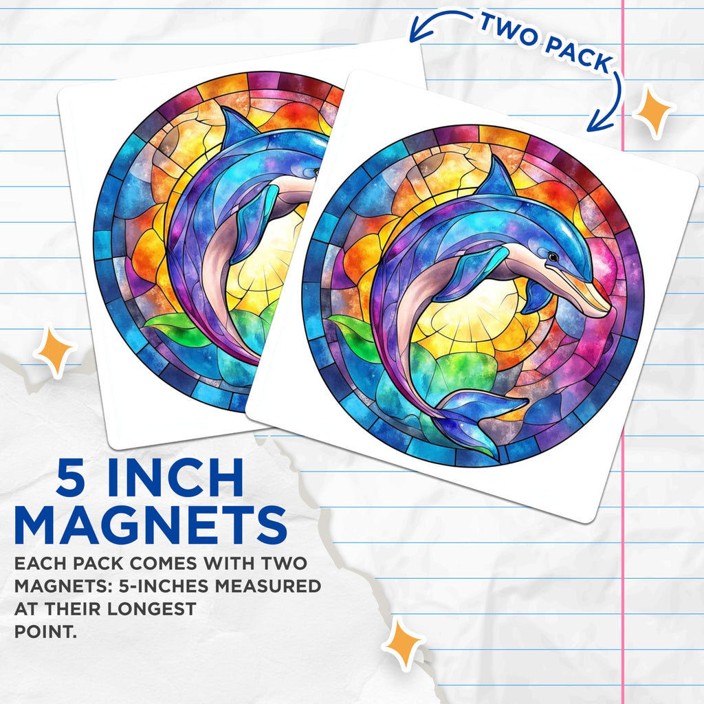 (2 Pack) Stained Glass Dolphin Magnets - Vibrant Ocean Animal Art - Marine Life Decor for Refrigerator - 5 Inches On Longest Side - Thick Durable Magnet - Made in USA - MAG28204