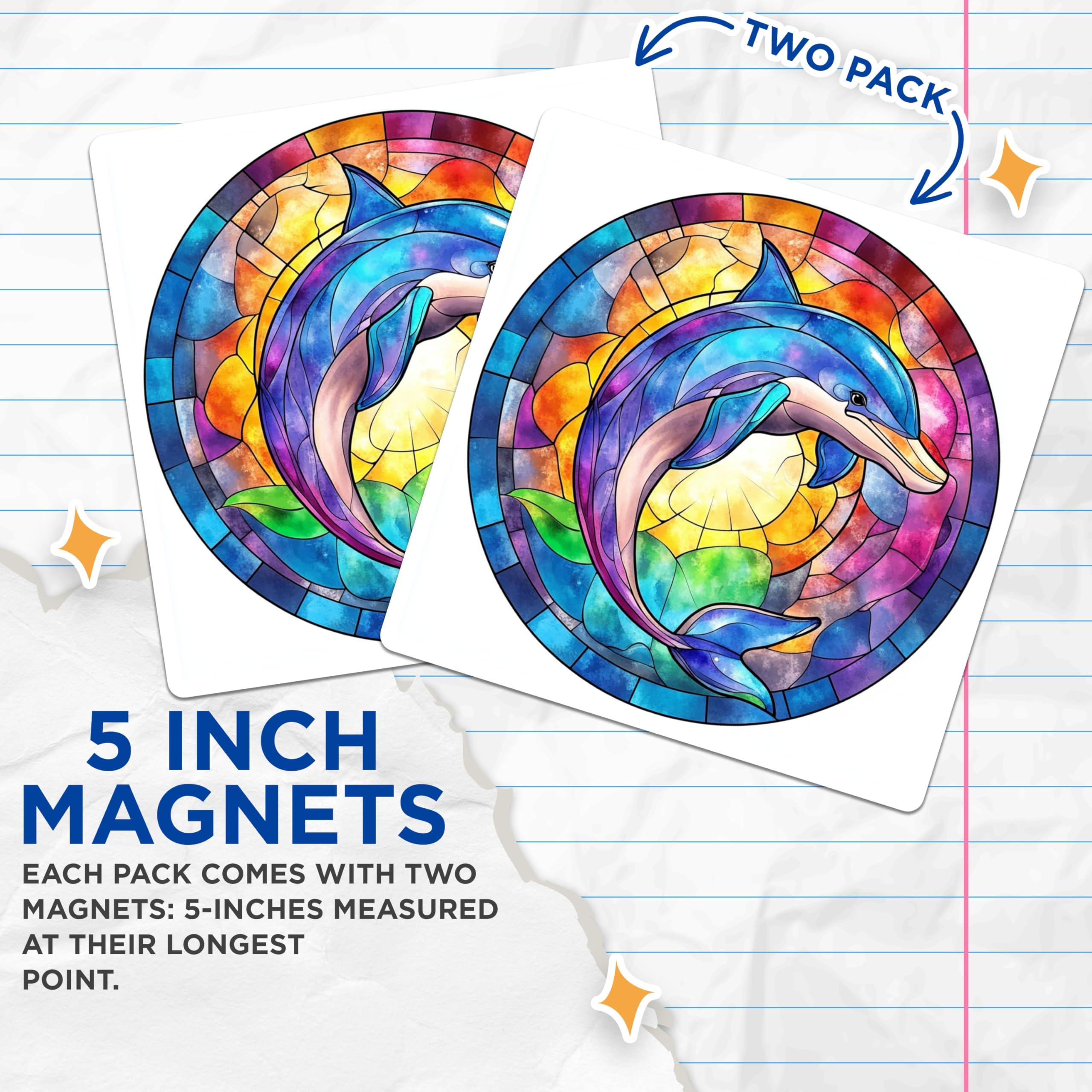 (2 Pack) Stained Glass Dolphin Magnets - Vibrant Ocean Animal Art - Marine Life Decor for Refrigerator - 5 Inches On Longest Side - Thick Durable Magnet - Made in USA - MAG28204