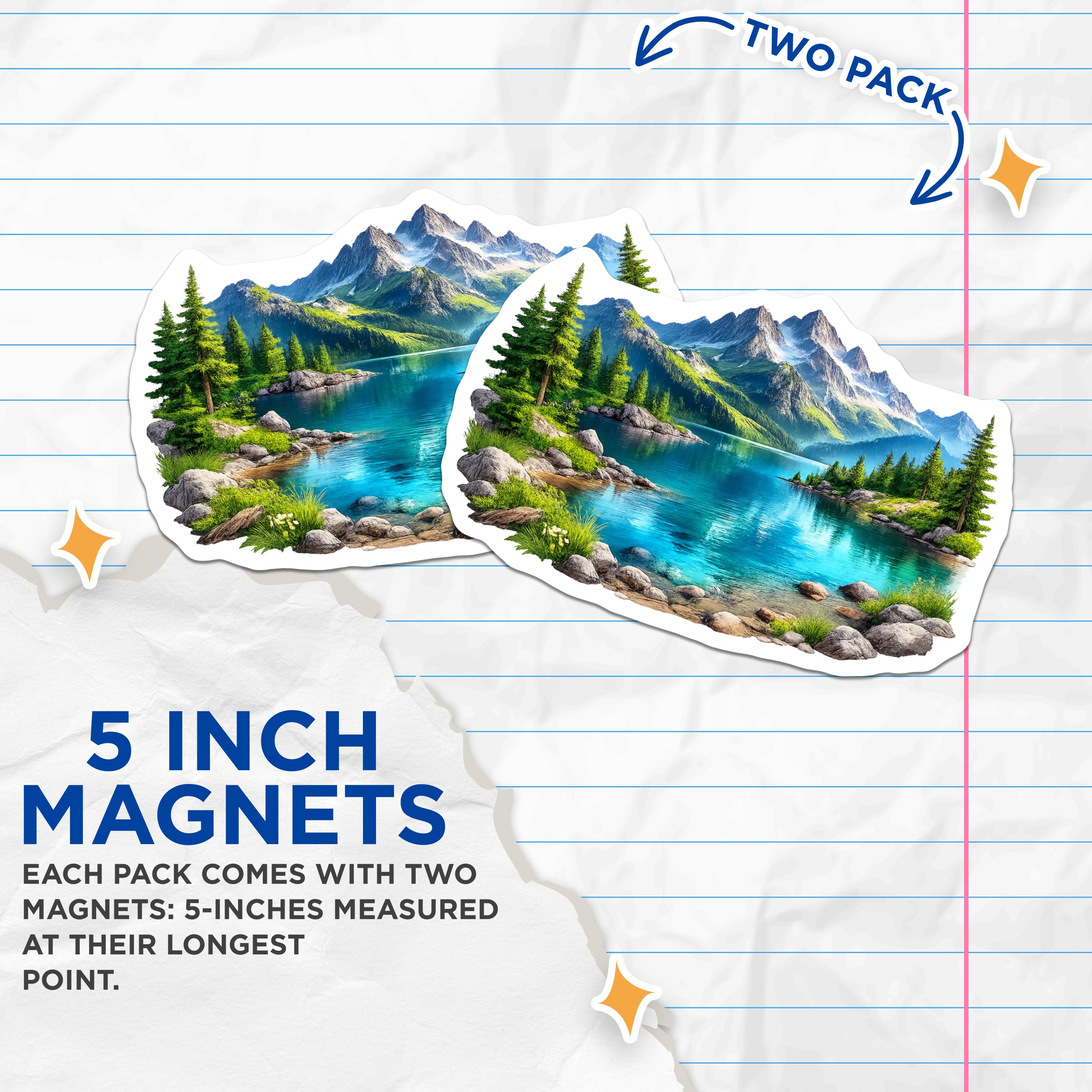 (2 Pack) Mountain Lake Magnets - Alpine Wilderness Landscape - Serene Nature Evergreen Forest Decor - 5 Inches On Longest Side - Thick Durable Magnet - Made in USA - MAG36372