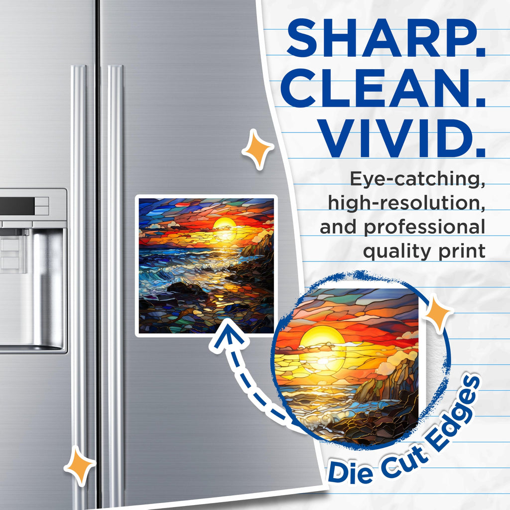 (2 Pack) Stained Glass Sunset Magnets - Ocean Waves Coastal Scene - Artistic Home Decor Fridge Art - 5 Inches On Longest Side - Thick Durable Magnet - Made in USA - MAG25026