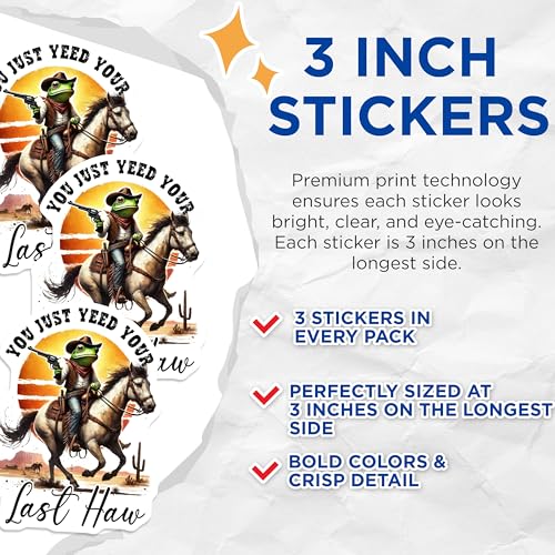(3 Pack) Frog Cowboy Decals - Last Haw Pun - Wild West Stickers - 3 Inches On Longest Side - Easy Peel & Apply - Made in USA - 3MCS4342